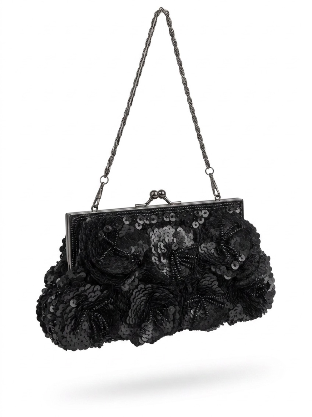 Elegant Black Sequin Floral Frame Clutch with Chain Strap